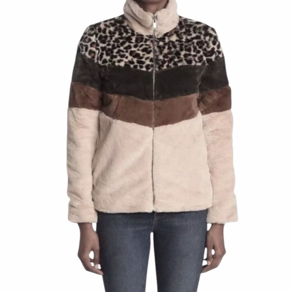 ALTAR’D STATE Women’s Beige Green Brown Leopard Print Faux Fur Zip Jacket Medium